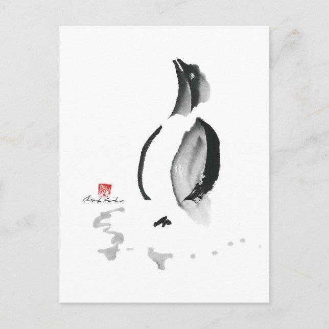 Cartão Postal De Festividades Christmas Penguin, Sumi-e (Frente)