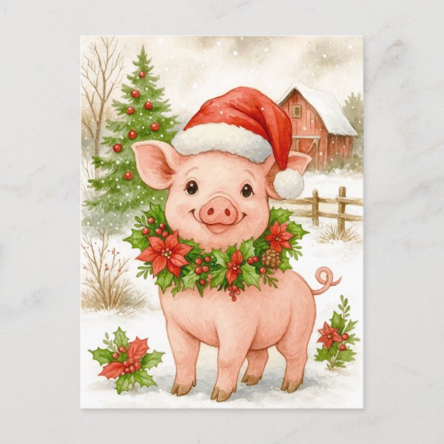 Cartão Postal De Festividades Christmas Piglet Watercolor Postcard (Frente)