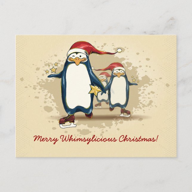 Cartão Postal De Festividades Christmas Skating Penguins (Frente)
