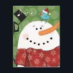 Cartão Postal De Festividades Christmas Snowman with Bird<br><div class="desc">© Veronique Charron / Wild Apple.  This image features a Christmas snowman wearing a green scarf. He is snuggling a blue bird who is wearing a Santa Claus hat.</div>