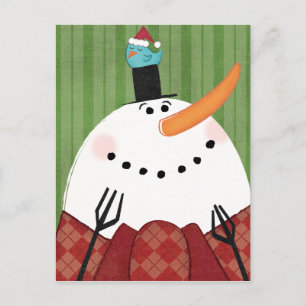 Cartão Postal De Festividades Christmas Snowman with Singing Bird