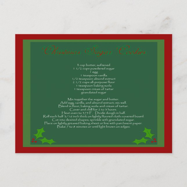 Cartão Postal De Festividades Christmas Sugar Cookie Recipe Postcard (Frente)