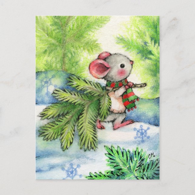 Cartão Postal De Festividades Christmas Tree Mouse Cute Animal Holiday Postcard (Frente)