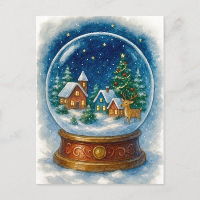 Cartão Postal De Festividades Christmas Village at Night Snow Globe Postcard (Frente)