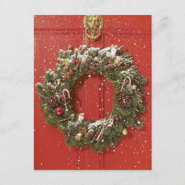 Cartão Postal De Festividades Christmas wreath hanging on a door (Frente)