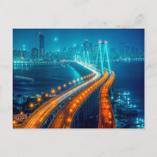 Cartão Postal De Festividades Cidade à Noite, Ponte Iluminada Sobre o Rio