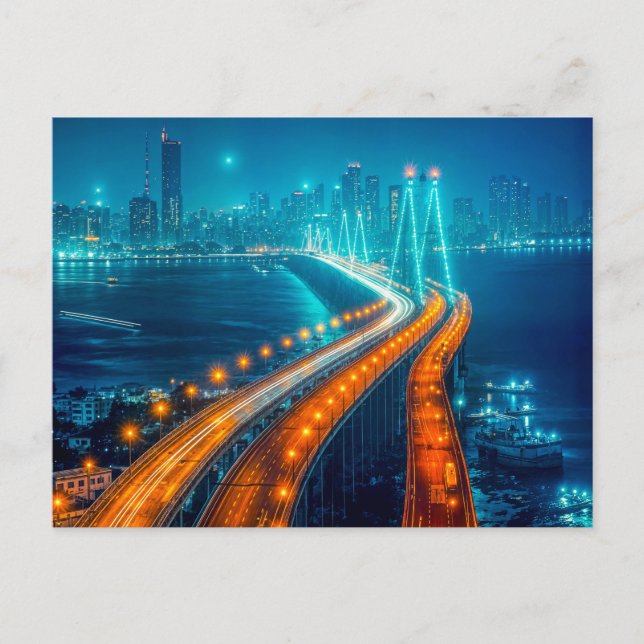 Cartão Postal De Festividades Cidade à noite, Ponte Iluminada sobre o Rio (Frente)