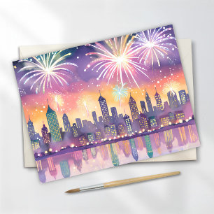 Cartão Postal De Festividades Cidade Colorida de Fogos de Artifício Aquarela L