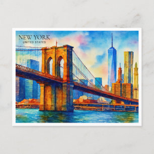 Cartão Postal De Festividades Cidade de Nova York Ponte de Brooklyn Aquarela