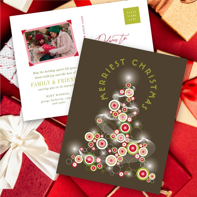 Cartão Postal De Festividades Círculos de Mod Vermelho Brilhando Árvore de Natal (Red Mod Circles Glowing Abstract Christmas Tree Holiday Postcard @ fat_fa_tin)