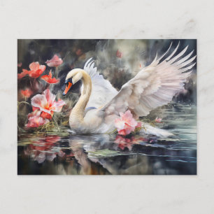 Cartão Postal De Festividades Cisne na lagoa de lótus com cores suaves