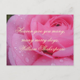 Cartão Postal De Festividades Citação de Dias Felizes de Shakespeare, Rosa Rosa 