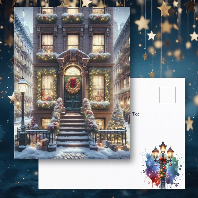 Cartão Postal De Festividades City Brownstone no Natal Personalizado (Criador carregado)