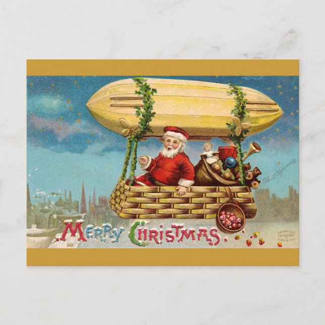 Cartão Postal De Festividades Clapsaddle: Papai Noel em Zeppelin (Frente)