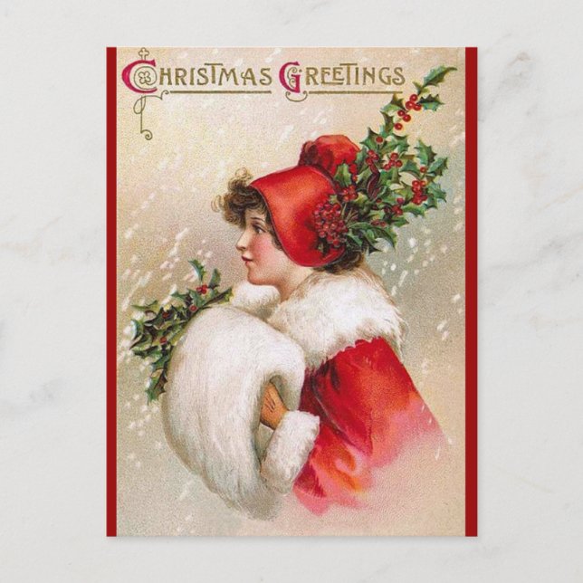 Cartão Postal De Festividades Clapsaddle: Winter Girl with Holly Hat (Frente)