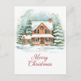 Cartão Postal De Festividades Classic Brick Home in Snowy Christmas Setting