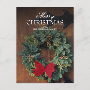 Cartão Postal De Festividades Classic Christmas Wreath on Wood Door