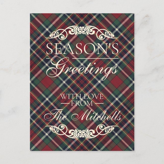 Cartão Postal De Festividades Classic Red Dark Blue Green Plaid Pattern (Frente)