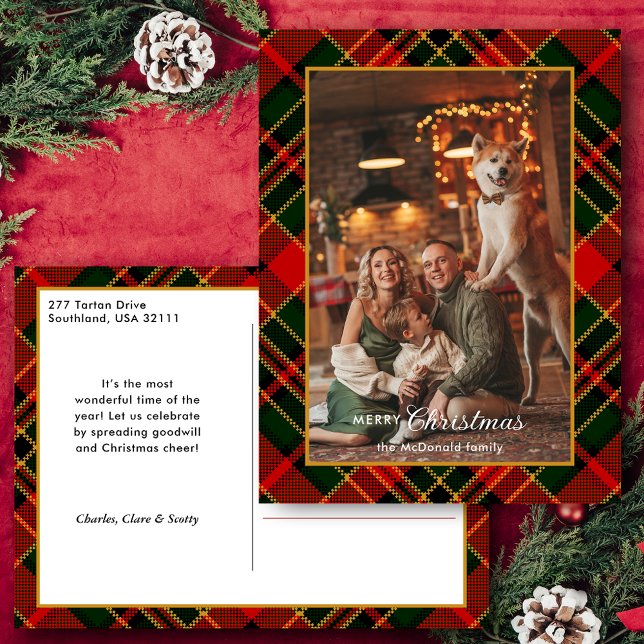 Cartão Postal De Festividades Classic Red, Green, Gold Christmas Plaid 1-Photo (Criador carregado)