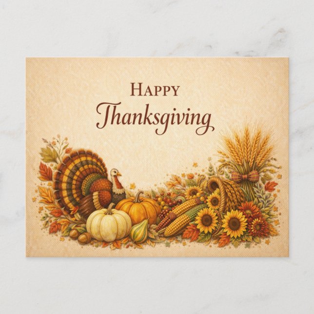 Cartão Postal De Festividades Classic Rustic Thanksgiving Turkey Harvest (Frente)