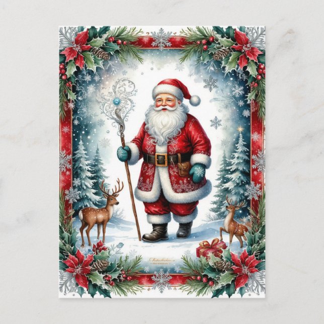 Cartão Postal De Festividades Classic Santa Claus with Staff Christmas  (Frente)