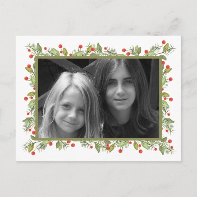 Cartão Postal De Festividades Clássico Elegante Pinecone Holly Greenery 1 Foto (Frente)