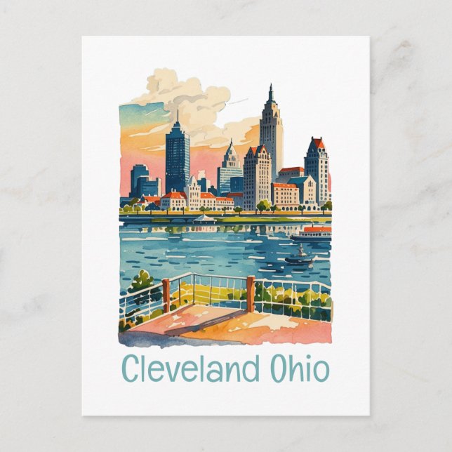 Cartão Postal De Festividades Cleveland Ohio Watercolor Skyline (Frente)