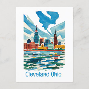 Cartão Postal De Festividades Cleveland Ohio Watercolor Skyline