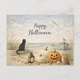 Cartão Postal De Festividades Coastal Black Cat Rowboat Halloween