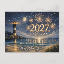 Cartão Postal De Festividades Coastal Lighthouse Fireworks Happy New Year 2027
