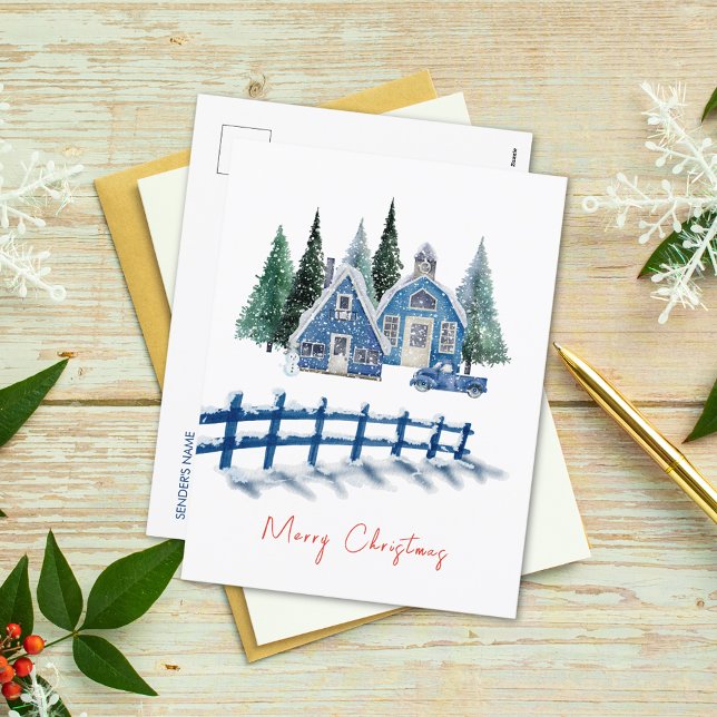 Cartão Postal De Festividades Cobra Azul Casa Azul Carro Feliz Natal (Criador carregado)