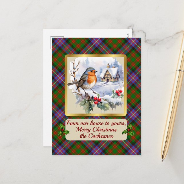 Cartão Postal De Festividades Cochrane Tartan w/Robin Personalized   (Frente/Verso In Situ)