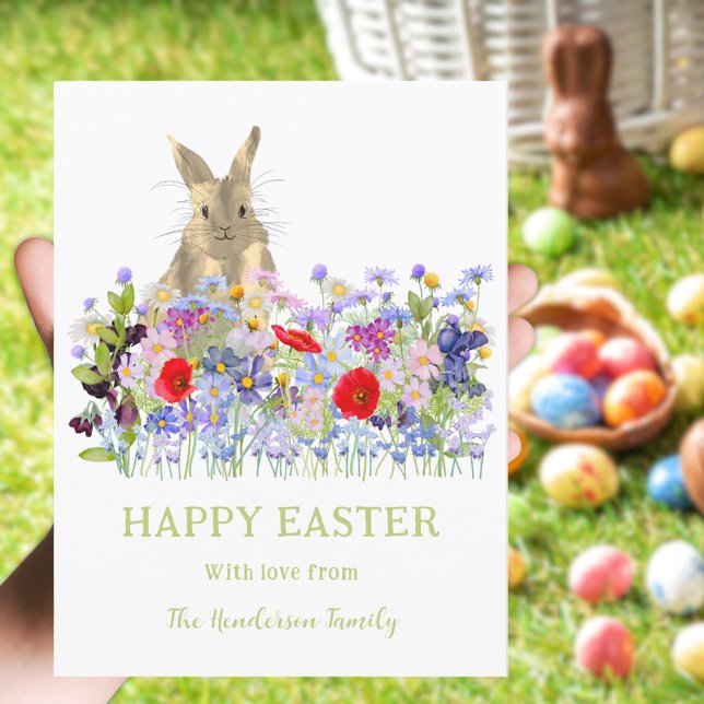 Cartão Postal De Festividades Coelhinho Cachorro e Flores Selvagens felzs pascoa (Happy Easter bunny and watercolor wildflowers custom holiday postcard )