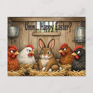 Cartão Postal De Festividades Coelhinho da Páscoa engraçado na fazenda de galinh