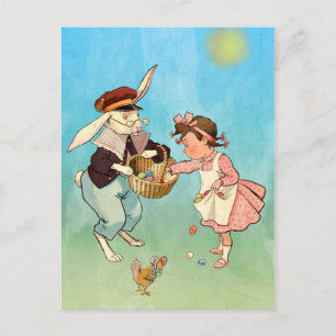 Cartão Postal De Festividades Coelhinho da Páscoa, menina e galinha do vintage