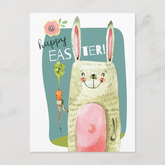 Cartão Postal De Festividades Coelhinho de aquarela, com Felz pascoa de cenoura (Frente)