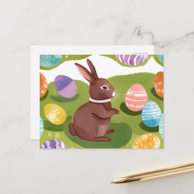 Cartão Postal De Festividades Coelhinho de Chocolate | Ovos de Pastel Primavera (Frente/Verso In Situ)