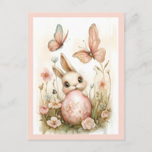 Cartão Postal De Festividades Coelhinho de Páscoa bonito com Borboletas e Flores