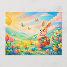 Cartão Postal De Festividades Coelhinho de Páscoa Caprichoso e Pintinhos Sol da