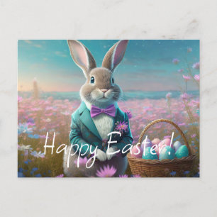 Cartão Postal De Festividades Coelhinho de Páscoa elegante com gravata de arco