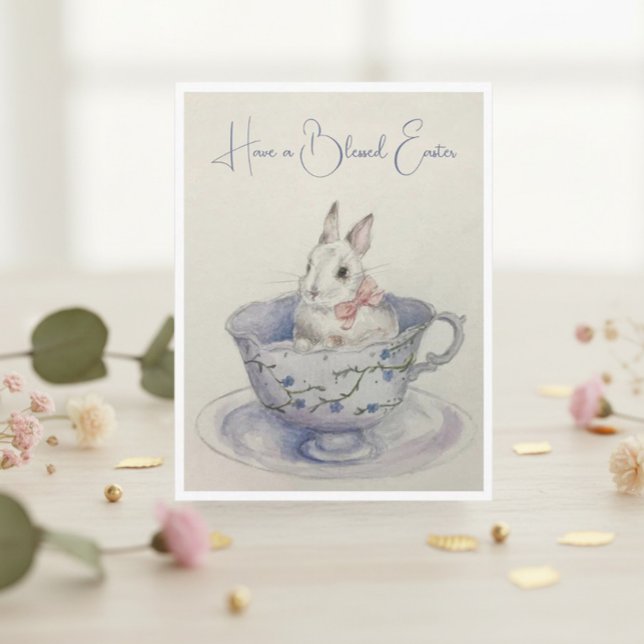 Cartão Postal De Festividades Coelhinho de Páscoa em Aquarela em Teacup (Criador carregado)