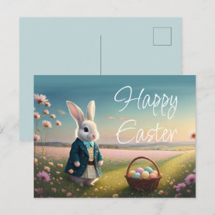 Cartão Postal De Festividades Coelhinho de Páscoa em jaqueta azul