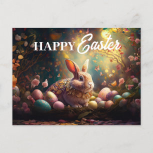 Cartão Postal De Festividades Coelhinho felz pascoa com ovos de Páscoa