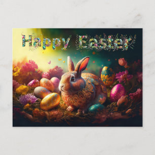 Cartão Postal De Festividades Coelhinho felz pascoa com ovos de Páscoa