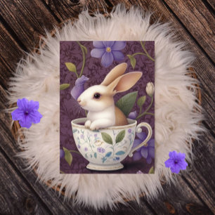 Cartão Postal De Festividades Coelhinho no Teacup Floral com Flores Roxas