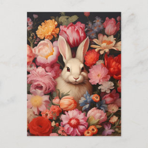 Cartão Postal De Festividades Coelhinho Vintage Caprichoso Flores de Primavera