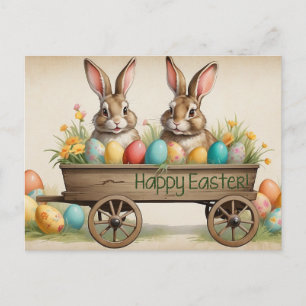 Cartão Postal De Festividades Coelhinhos Felizes da Páscoa na Carruagem 