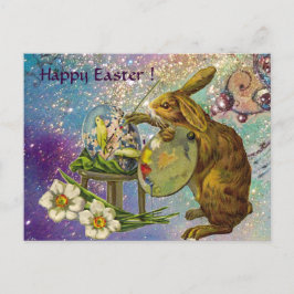 CARTÃO POSTAL DE FESTIVIDADES COELHO ARTISTA COM OVOS LESTE DE PINTURA PALETTE