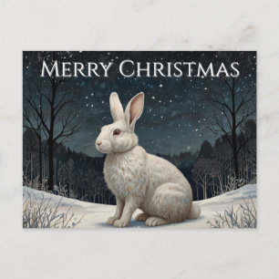 Cartão Postal De Festividades Coelho branco elegante Natal floresta de neve