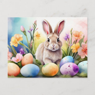 Cartão Postal De Festividades Coelho da Páscoa com Flores da Primavera, Ovos Pin